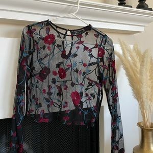 Forever 21 Black with roses sheer long sleeve top